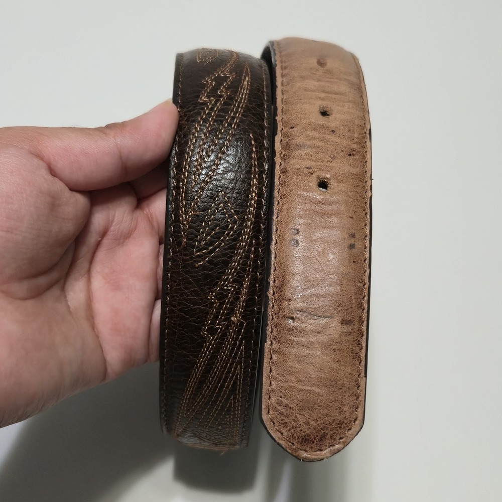 Vtg Western Brown Leather Belt Sz 22 Handmade Mexico Tooled Stitched Cowboy